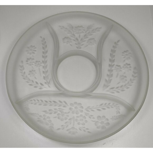 Unmarked Other - Vintage Large Frosted Glass Carved Flowers & Leaves 4 Slots Tray Serving Platter